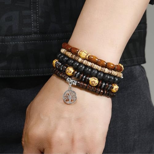 MILAKOO Mens Beaded Bracelets Tribal Wooden Elastic Adjustable Prayer Beads Wrap Cuff for Women - color: D: 5pcs