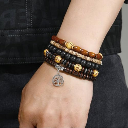 MILAKOO Mens Beaded Bracelets Tribal Wooden Elastic Adjustable Prayer Beads Wrap Cuff for Women - color: D: 5pcs