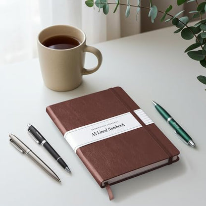 BROWNSTONE JOURNALS A5 Hardcover Lined Journal 5"x8" - Notebook for Work & Writing, 160 Pages Thick 100 GSM Paper, Lay Flat Binding, Elastic Band, Ribbon Bookmark (Chestnut Brown) - color: Chestnut Brown