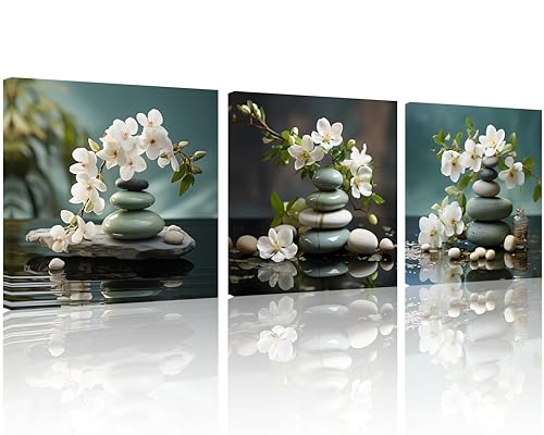 TutuBeer 3 Panels Bathroom Wall Art Zen Artwork Zen Stone Wall Art Still Life Spa Stone with White Flowers Pictures Print on Canvas for Home Decor Wall Decor Stretched and Framed 12x12inchx3 - color: Spa Stone with White Flower 2, size: 12x12inchx3