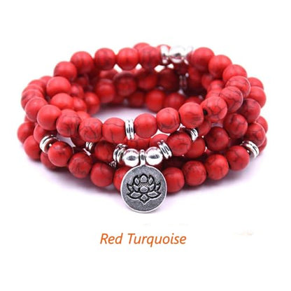 108 Mala Beads Bracelet Necklace - Gemstone Prayer Beads with Lotus Charm for Meditation & Yoga - style: Red Turquoise