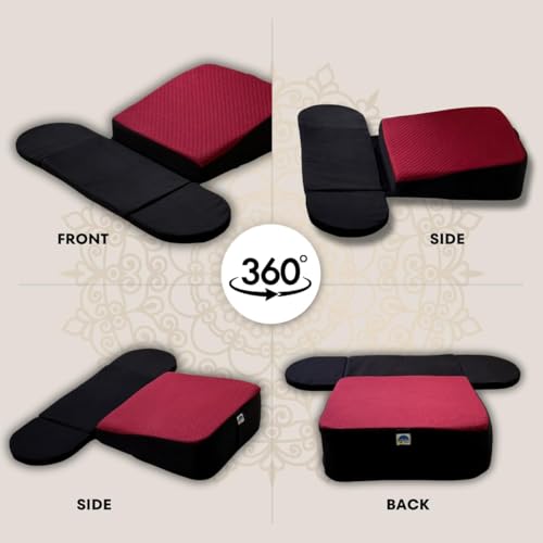 ZenSlope Pro Seat Elevated Meditation Cushion to Lift The Spine with Foldable Wings for Ankles,Premium Quilted Fabric & Carry Case Ideal for Cross-Legged Sitting Maroon