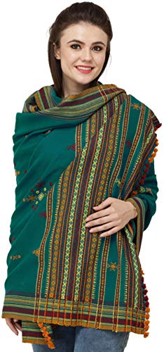 Exotic India Shawl from Kutch with Embroidered Bootis and Mirrors - Wool - color: Everglade