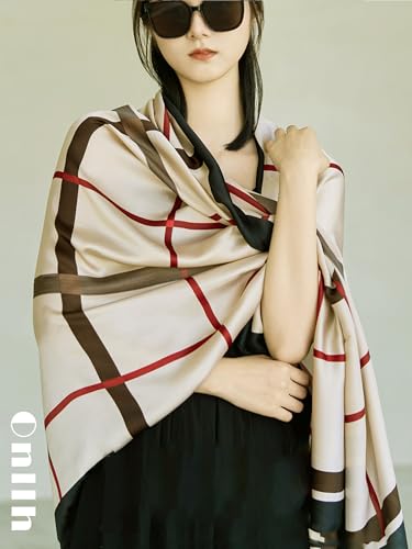 Large Shawl Scarf For Women Lightweight Wraps Silky Headscarf Long Sunscreen Scarfs - color: T12 Light Brown Grid / 70"x 35"