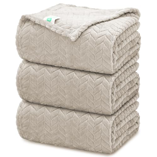 3 PC Flannel FleeceThrow Blanket, 50"x70" | 300GSM Soft Blankets for Couch Bed, No Shedding No Pilling Wedding Decorative Throw, Machine Washable (Beige) - color: Beige