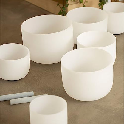 Hye-eun Crystal Singing Bowl Set 432Hz 7-Piece White Frosted Quartz Sound Bowls for Meditation, Chakra Healing & Yoga, includes Mallets & Beige Carrying Bags (6-12 inch, 7 Tones A B C D E F G) - color: 6-12inch 432hz White 7pcs