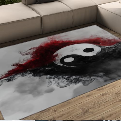 Abstract Yin Yang Area Rug 4x5 Japanese Style Black and Red Ink Art Washable Carpet for Home Meditation Room Yoga Space or Bedroom Decor