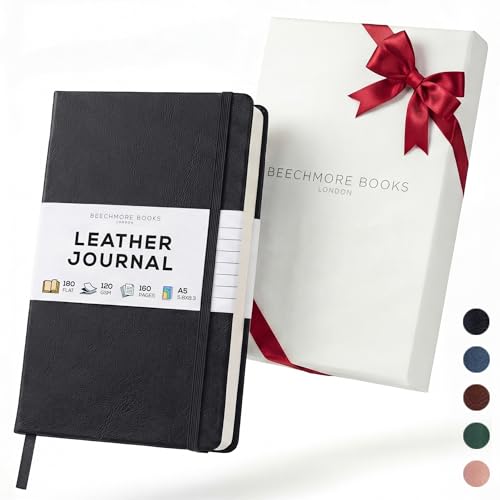 BEECHMORE BOOKS Premium Lined Journal Notebook, 5" x 8" (A5) Hardcover Vegan Leather Personal Diary, Thick 120gsm Ivory Cream Paper, Gift Box for Men & Women - color: Charcoal Black, size: A5 - 5.8" x 8.3" Medium