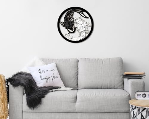 Creoate Koi Fish Wooden Wall Art, Black and White Yin Yang Themed Zen Decor for Yoga Room Bathroom Living Room Farmhouse, 12x12 inches