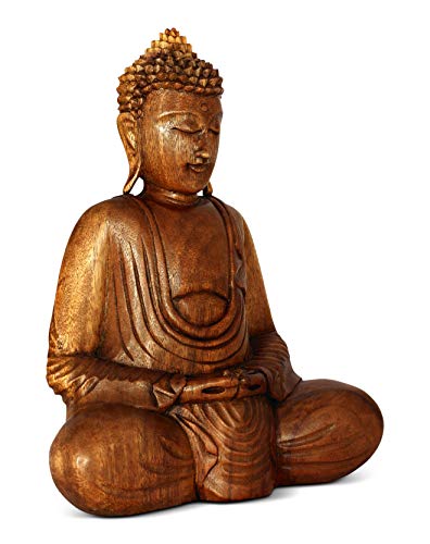 Wooden Serene Sitting Buddha Statue - Handmade Meditating Sculpture - Hand Carved Dhyana Mudra Figurine - Zen Home Decor Accent, Oriental Spiritual Home Room Decoration Gift (12" Tall) - size: 12" Tall