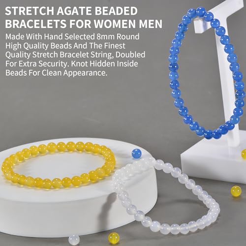 3PCS Agate Bracelet for Women Men Natural Round Beaded Agates Stone Healing Stretch Bracelets Elastic Handmade Polished Gemstone Beads Bracelet - color: Yellow+White+Blue