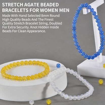 3PCS Agate Bracelet for Women Men Natural Round Beaded Agates Stone Healing Stretch Bracelets Elastic Handmade Polished Gemstone Beads Bracelet - color: Yellow+White+Blue