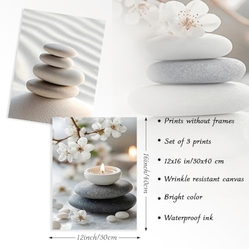 Dazzlewall 3Pcs Japanese Zen Wall Art Set, Balance Stones & Cherry Blossom Pictures for Yoga Spa Living Room Decor 12x16 in Unframed