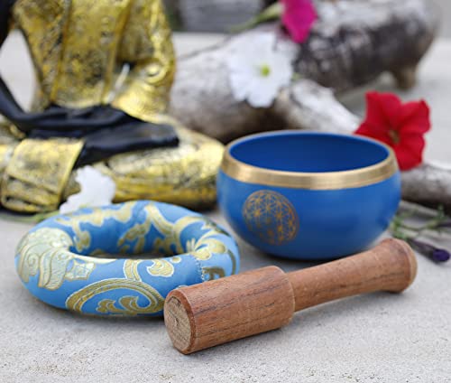 Flower Of Life Singing Bowl Complete Set ~ For Meditation, Yoga, Spiritual Healing and Mindfulness (Blue) - color: Blue
