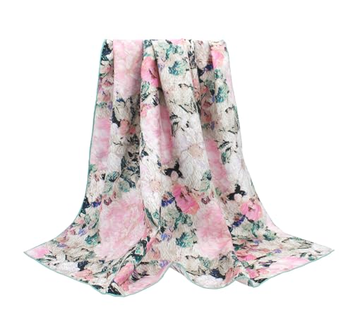 ANDANTINO 100% Pure Mulberry Silk Scarf 35" Large Square Lightweight Headscarf –Women’s Hair Wraps-With Gift Packed - color: Pink&green-twill