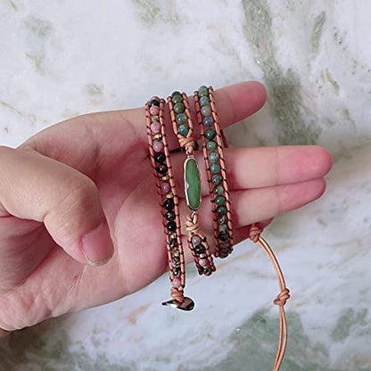 Women Boho Handmade Natural Stone Crystal Leather Bead Wrap Bracelets Collection - style: Green Aventurine 3W
