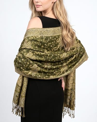 Achillea Reversible Paisley Pashmina Rave Scarf – Exotic Indian Shawls and Wraps for Evening Dresses, Festivals, All Seasons - color: Dark Olive