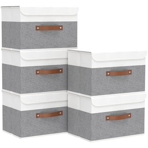 Yawinhe Storage Bins with Lids, Fabric Foldable Boxes, Washable and Leather Handle, Cube Organizer Basket for Home, Closet, White/Grey, 17.7''Lx11.8''Wx11.8''H, 5-Pack, USNK024WGX-5 - color: White/Grey, size: XL/(5 Pack)