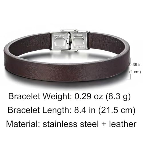 Men's Leather Bracelet, Stackable Stainless Steel Clasp Bracelets for Men Stylish Birthday, Thanksgiving, Valentine's Day Gift for My Man - style: 8.4" Brown Leahter