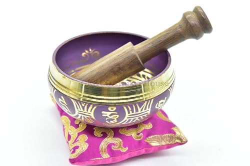 3.75" Tibetan Meditation Yoga Singing Bowl Green Set with free Wooden Mallet and Silk Cushion from Nepal, Singing bowls. (Purple) - color: Purple