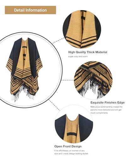 MissShorthair Women's Printed Shawl Wrap Fashionable Open Front Poncho Cape, Gift for Women - color: Black&camel