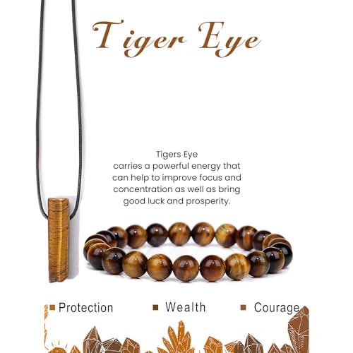Pingyongchang Stress Relief Anxiety Yoga Bracelets Necklace Set,Healing Crystal Stone Mantra Bracelets for Women Natural Crystal Stone birthday Gifts For Teen Girls Black Leather Necklace for Men - color: Tiger Eye