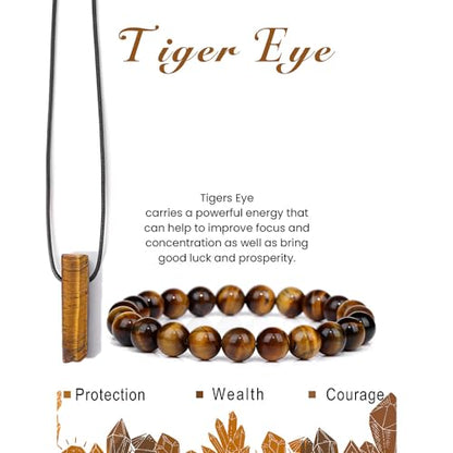 Pingyongchang Stress Relief Anxiety Yoga Bracelets Necklace Set,Healing Crystal Stone Mantra Bracelets for Women Natural Crystal Stone birthday Gifts For Teen Girls Black Leather Necklace for Men - color: Tiger Eye