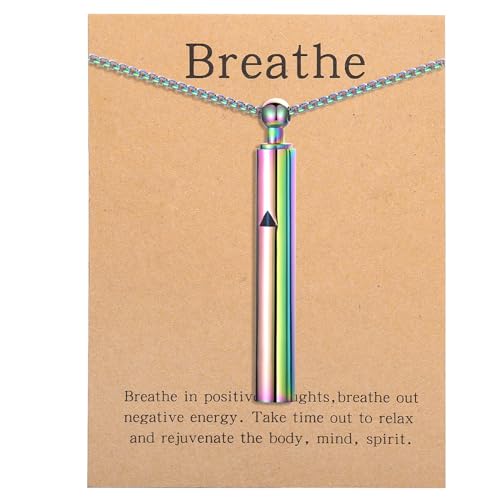Anxiety Breathe Easy Necklace Mindfulness Breathing Necklace Breathlace Stainless Steel Pendant for Natural Calm & Stress Relief - color: Rainbow T