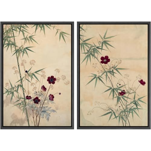 SIGNWIN Framed Canvas Print Wall Art Set Elegant Bamboo and Anemone Illustrations Minimal Decorative Contemporary Zen for Living Room, Bedroom, Office - 16"x24"x2 Black - color: B16-2603-edw05, size: 16"x24"x2 Panels Black