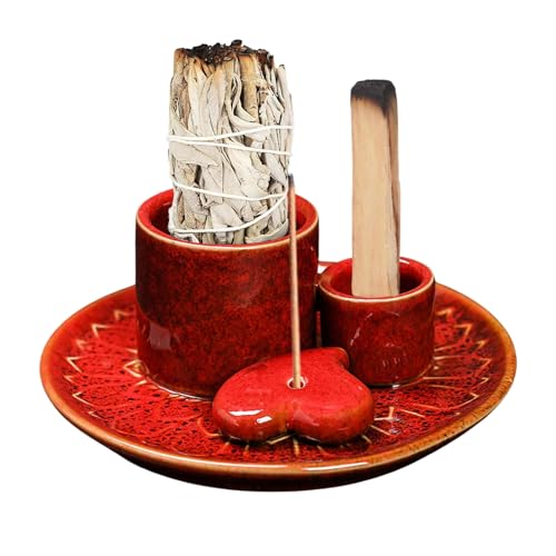 Multi-Use Meditation Tray, Ash Catcher Ceramic Incense Burner Holder for Palo Santo, Sage Sticks & Candles, Easy-Clean Design for Meditation Rooms, Yoga Studios & Home Altars (Red_02) - color: Red_02