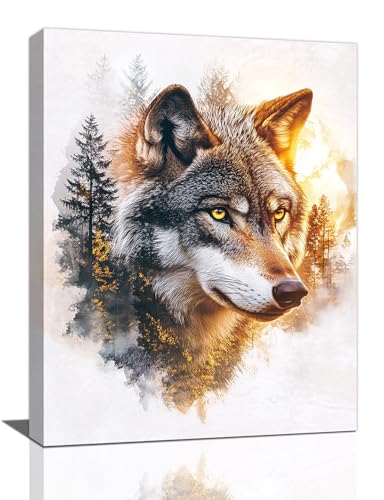 Olivine Wolf Wall Art, Forest Pictures Wall Decor, Animal Painting, Wildlife Canvas Prints, Framed Artwork for Living Room Bedroom Bathroom Office Home Decoration 16''x12'' - color: Wolf, size: 16"L x 12"W