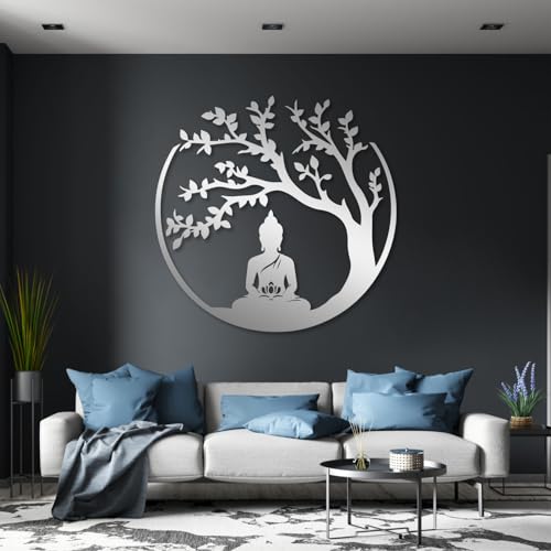 Idadey Tree of Life and Buddha Metal Wall Decor, Meditation Hindu Wall Decor, Zen Metal Wall Art, Yoga Studio & Spiritual Spaces (Silver, 31"x31") - color: Silver, size: 31"L x 31"W