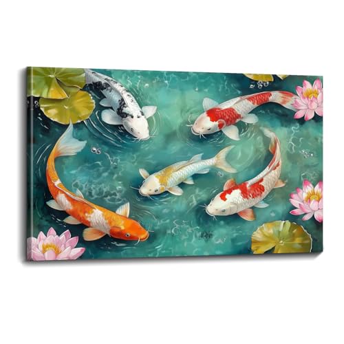 OLUNMILA Carp Canvas Wall Art Lotus Pond Painting Traditional Chinese Print Picture Poster Asian Decor for Living Room Bathroom Spa Ready to Hang(ZEN-03,24"x36") - color: ZEN-03, size: 36"L x 24"W