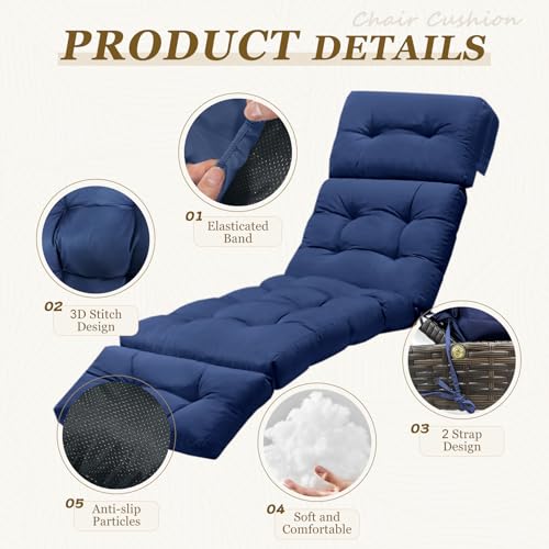 Outdoor Chaise Lounge Chair Cushion 75.1 x 23.6 x 4.7in, Waterproof Replacement Cotton Patio Thickened Pool Lounge Chair Cushion with Ties for Patio Outdoor Furniture,Navy Blue - color: Navy Blue