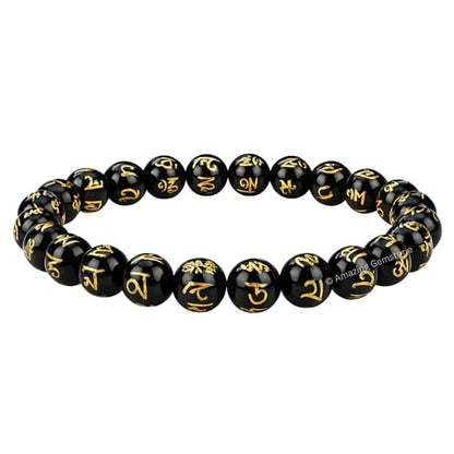 Amazing Gemstone Crystal Bracelet for Women Men's Gifts - Protection Healing Crystal Bracelet - 8mm Gemstone Beaded Stretchable Bracelet Pulseras Para Hombres Mujer Stocking Stuffers Mothers Day Gift (Black Agate (Om Mani Padme Hum)) - color: Black Agate