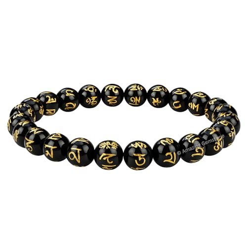 Amazing Gemstone Crystal Bracelet for Women Men's Gifts - Protection Healing Crystal Bracelet - 8mm Gemstone Beaded Stretchable Bracelet Pulseras Para Hombres Mujer Stocking Stuffers Mothers Day Gift (Black Agate (Om Mani Padme Hum)) - color: Black Agate