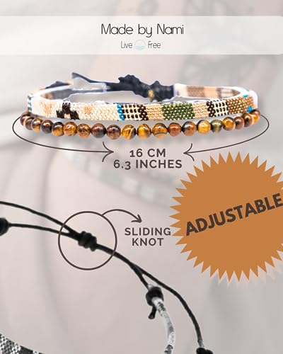 Made by Nami 2 Pcs Boho Surfer Bracelets for Men and Women Waterproof and Adjustable Beach Bracelets for Men and Women Set of 2 Beaded & Braided - color: Tiger-Eyes & Safari