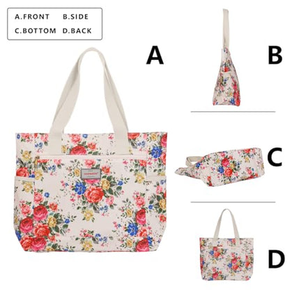 GAENMESN Women's Lightweight Waterproof Tote Bag Durable Designer Handbag with Zipper Travel Commute Everyday Use - color: Beige Flower
