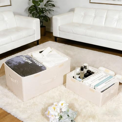 2 Pack Large Storage Boxes with Lids and Handles, Collapsible Linen Storage Bins Organizer Containers Baskets Cube with Removable Divider for Home Bedroom Closet Office (Cream, Small)
