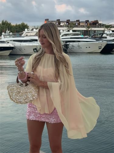 Women Chiffon Cape Shawls and Warps for Evening Dress Wedding Sheer Mesh Flowy Capelets Top - color: A-champagne, size: Medium
