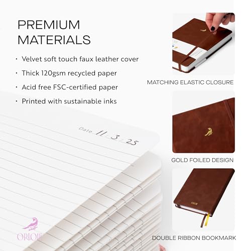 Oriole Vegan Leather Ruled Notebook - Chestnut Brown | 176 Pages of Thick Lined Paper | Soft Touch Hardcover Journal (5 x 8 in) with Gold Foil Bird Design & Luxury Gift Box - color: Chestnut Brown
