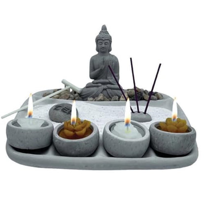 Buddha Zen Garden Candle Holder Set, Tabletop Meditation Kit with Incense Holder, Decorative Rocks and Sand
