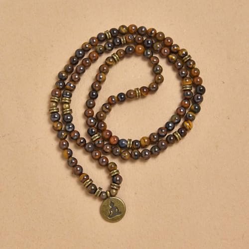 108 Mala Beads Bracelet Necklace with Yoga Symbol Buddha Charm – Gold-Plated Meditation Jewelry, Healing Stone, Ideal Spiritual Gift for Yoga & Meditation - style: Brown Tiger Eye