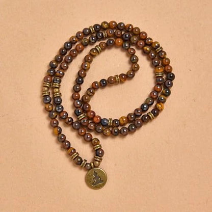 108 Mala Beads Bracelet Necklace with Yoga Symbol Buddha Charm – Gold-Plated Meditation Jewelry, Healing Stone, Ideal Spiritual Gift for Yoga & Meditation - style: Brown Tiger Eye