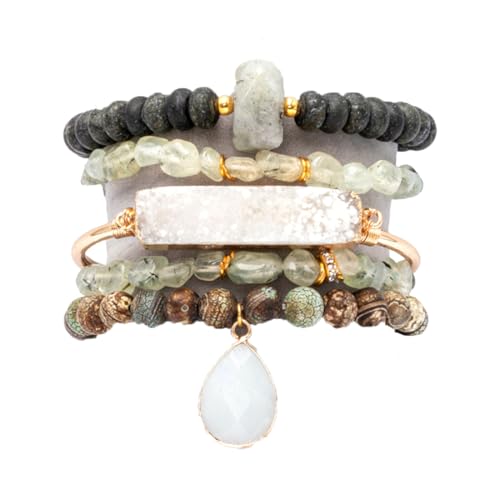 5PCS Natural Boho Beaded Bracelets Bangle for Women Men,Healing Turquoise Jasper Agate Crystal Gemstone Stone Chakra Multilayer Wrap Bohemian Handmade Jewelry Beads Stretch Bracelet Set - color: Grey Green