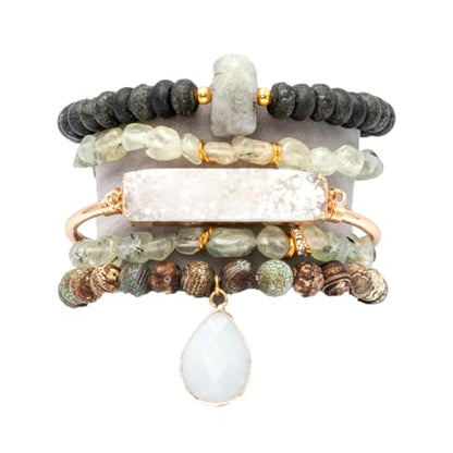 5PCS Natural Boho Beaded Bracelets Bangle for Women Men,Healing Turquoise Jasper Agate Crystal Gemstone Stone Chakra Multilayer Wrap Bohemian Handmade Jewelry Beads Stretch Bracelet Set - color: Grey Green