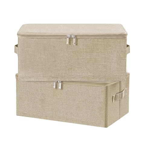 ANMINY 2PCS Storage Bins with Zipper Lids 13 Qt Lidded Fabric Storage Boxes Baskets Cubes with Handles Collapsible Washable Cotton Linen Closet Shelf Clothes Organizer Containers - Beige, Small - color: Beige, size: Small (Pack of 2)