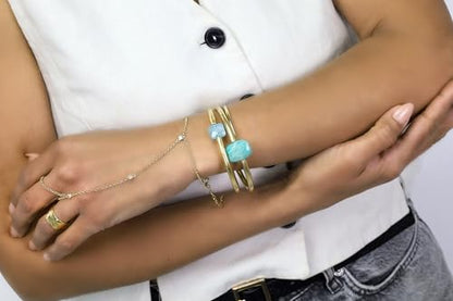 Aqua Quartz Gold Tube Bracelet - Square Aqua Quartz Gemstone Center Bead - Shiny Gold Filled Slip On Bracelet for Women - Minimal Stackable Tube Gold Jewelry