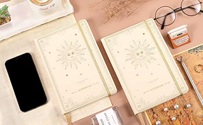 Ruled Notebook/Journal – Premium Thick Paper Faux Leather Classic Writing Notebook with Pocket + Page Dividers Gifts, Banded, Large, 144 Pages, Hard Cover, Lined (5.8 x 8.4) - White Sun Goddess - color: white