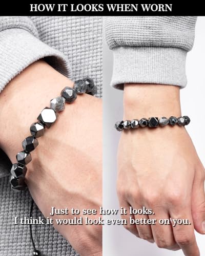 Beaded Bracelet for Men, 10mm Natural Stones Bracelet for Men's Gift, Adjustable Precision-Cut Gemstone Crystal Healing Bracelet, Protection Jewelry Gift with Hematite, Tiger Eye - style: Black Labradorite & Hematite
